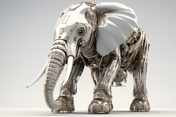 Robotic elephant trumpeting with metallic tusks gleaming