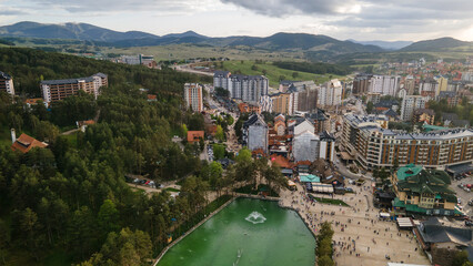 Aerial view of Zlatibor, an Serbian town, known for its food, and beautiful nature, and its ski slopes. Panorama of the all season resort Zlatibor in Serbia.