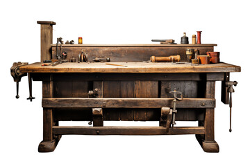 The photo shows an old wooden workbench with lots of tools on it.
