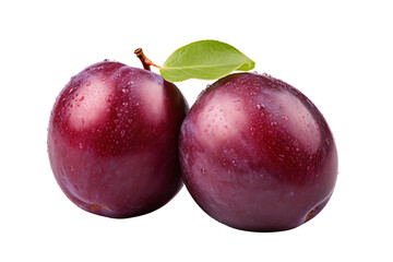 Fototapeta premium Two ripe and juicy plums with water drops isolated on black background.