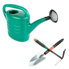 Garden tools, shovels, watering can and rake isolated on white . Free space for text. Collage....