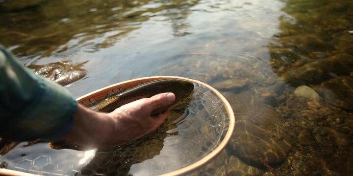 Trophy Rainbow Trout caught while fly fishing in river in nature.