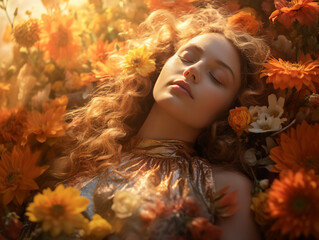 Beauty of nature with a conceptual portrait of girl, Tranquil moment of a woman surrounded by a vibrant array of flowers, basking in the warm, golden sunlight