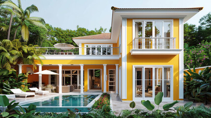 An image depicting a modern villa with a radiant sunshine yellow exterior, accented by white trim...
