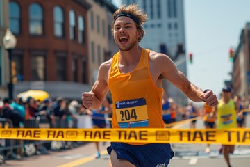 Marathon runner crossing finish line