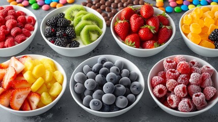 yogurt bar creations, enhance your frozen yogurt with small bowls of fruity and sweet toppings for an explosion of flavors and textures