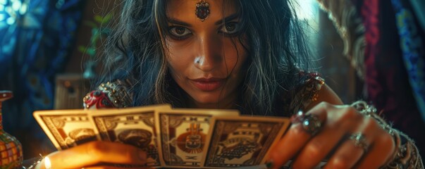 A portrait of the young beautiful gypsy woman work with tarot cards.