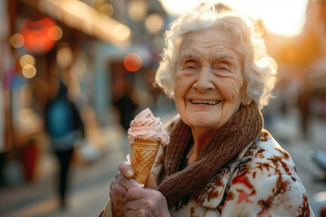 An elderly woman is eating an ice cream cone and smiling.