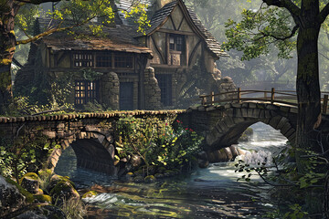 A gentle stream flowing beneath a bridge adorned with rustic charm.