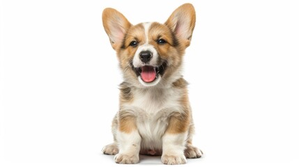 Obraz premium cute puppy with a tongue sticking out. The puppy is sitting on a white background. The puppy has a happy expression on its face