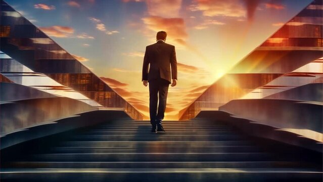 Ambitious businessman climbing the stairs to success. concept of career path success, future planning and business competitions. High quality FullHD footage