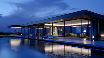 An image of a modern villa with an exterior in deep, royal blue, featuring a panoramic glass facade...