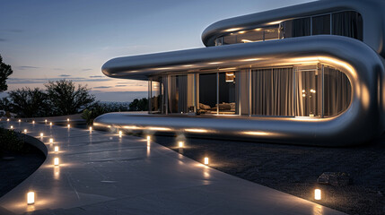 An image of a stunning house with a sleek exterior in metallic silver, featuring a curved design and expansive windows that offer views of the surrounding landscape. 