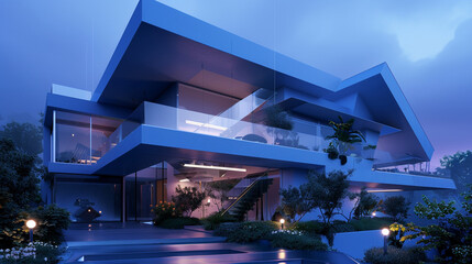 An image of an ultra-modern house exterior in a striking shade of sapphire blue, with angular overhangs and a transparent glass balcony railing. 