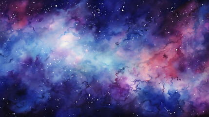 Watercolor splashes creating the illusion of a distant galaxy, in deep purples and blues with stars...