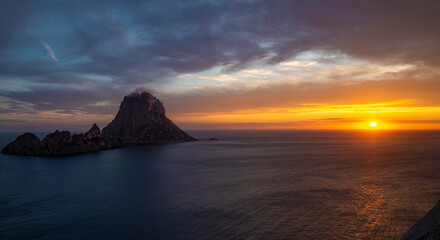 Es Vedra island beautiful sunset panorama, Sant Josep de Sa Talaia, Ibiza, Balearic Islands, Spain
