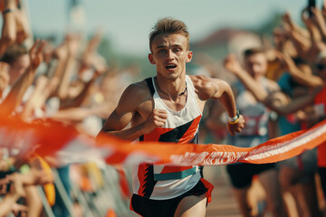 male running athlete in white uniform wins the race