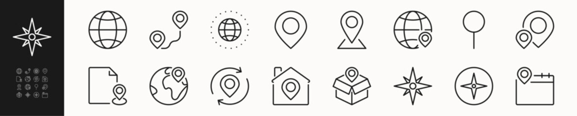 Location line icons set 2. Point, map, gps navigator, geolocation sign or symbol. Isolated on a white background. Pixel perfect. Editable stroke. 64x64.