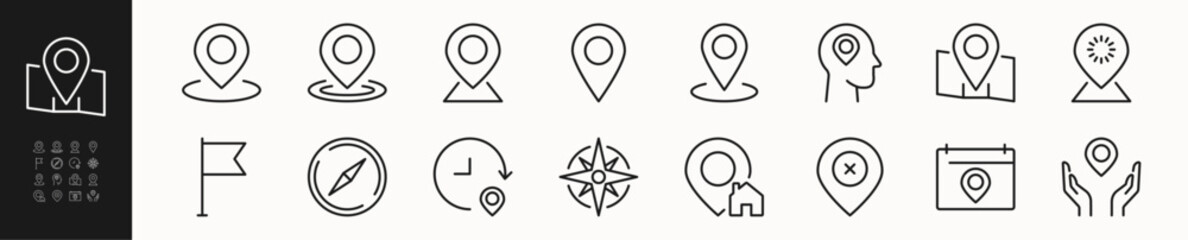 Location line icons set. Point, map, gps navigator, geolocation sign or symbol. Isolated on a white background. Pixel perfect. Editable stroke. 64x64.