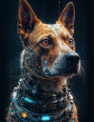 dog with orange eyes wearing a futuristic collar. The background is black with blue and yellow lines.