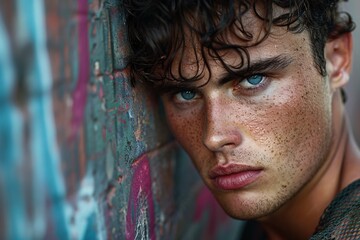 Intense Close-Up Portrait of a Young Man with Curly Hair and Freckles Against a Graffiti Wall
