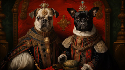Ironic animal portrait, Bulldog, Dog, Renaissance, Couple, Feline, King, Queen. THE PETS ROYAL FAMILY. 3d portrait of cute sovereign dogs of the pet's kingdom.