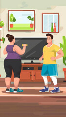 Happy married couple in sportswear doing sports exercises at home. illustration in flat style