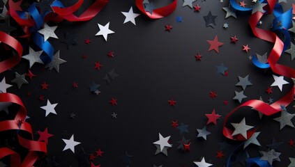 Fototapeta premium Dark background with red, white and blue ribbons and stars, 4th of July background, USA Background, American Background, Patriotic.