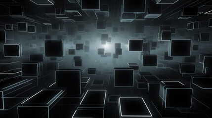 Obraz premium Futuristic network of glowing cubes floating in cyberspace, abstract digital data blocks in virtual reality, modern tech background
