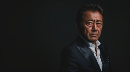 Fototapeta premium A man in a suit and tie, gazing seriously into the camera against a black backdrop
