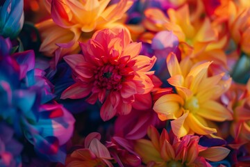 Fototapeta premium Vibrant close-up of multicolored dahlia flowers, perfect for vibrant spring themes, floral backgrounds, and nature displays.