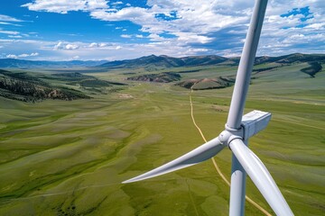 Aerial view of wind turbines in an open field, concept of renewable energy, wind energy, clean energy.
