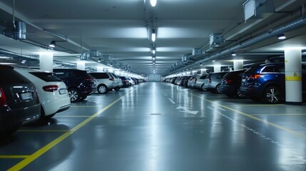 Obraz premium Multiple cars parked neatly in an illuminated indoor parking garage with directional arrows on the floor.