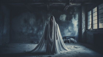 Scary ghost woman in Haunted House, ghostly figure draped in a sheet standing in a dilapidated room, illuminated by light filtering through a window