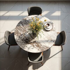 Top view of marble dining table with chairs, top down view of a marble table set with chairs, vase of flowers cup of coffee, basking in the natural light, well set table aesthetic