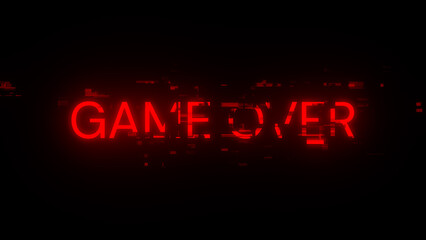 3D rendering game over text with screen effects of technological glitches