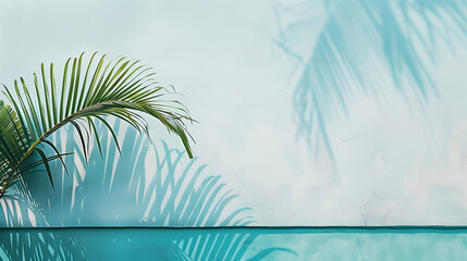 A serene composition depicting palm tree leaves set against a turquoise sky and a white wall....