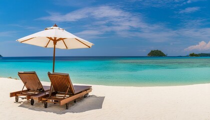 picturesque beach setting, boasting glistening white sands, stylish chairs, and a colorful umbrella, framed against a backdrop of azure ocean and endless sky.