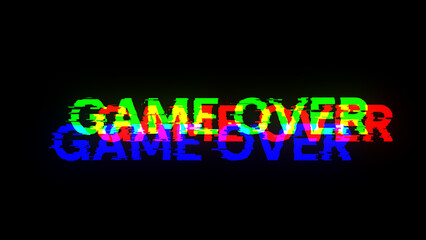 3D rendering game over text with screen effects of technological glitches