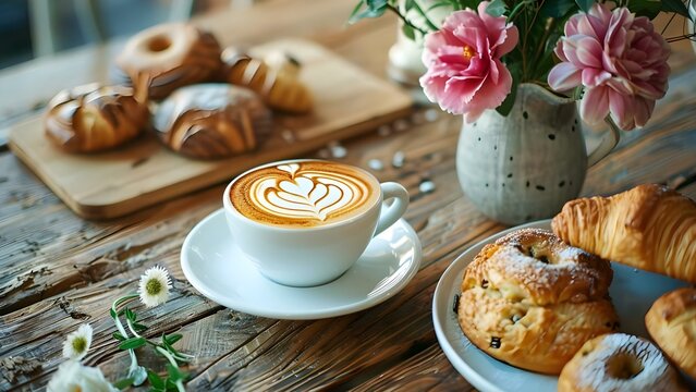 Charming caf&eacute; serving latte art and freshly baked pastries. Concept Latte Art, Freshly Baked Pastries, Charming Caf&eacute;, Coffee Culture, Barista Skills