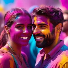 Obraz premium man and a woman. The concept of the Holi holiday.An explosion of colorful paints, bright vibrating pigments. Noisy texture of dust and powder, flicker and shimmer noise