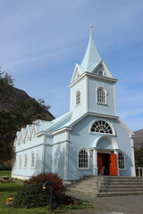 Blue wooden church in town of Seydisfjordur, Iceland