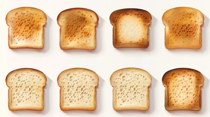 A variety of toasted bread slices are presented, demonstrating varying levels of browning and crispiness.