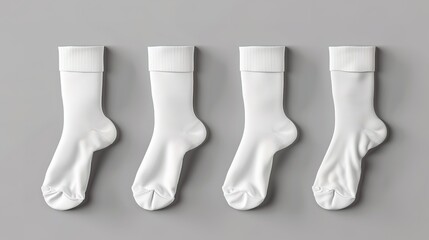 A set of four white cotton socks placed side by side on a neutral background is ideal for clothing...