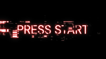 3D rendering press start text with screen effects of technological glitches