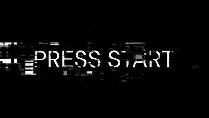 3D rendering press start text with screen effects of technological glitches