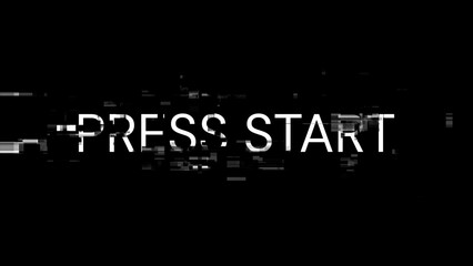 3D rendering press start text with screen effects of technological glitches