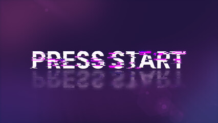 3D rendering press start text with screen effects of technological glitches