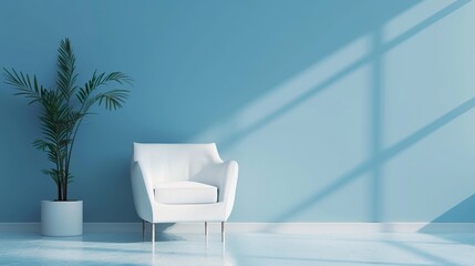 white chair on blue wall background with potted plants.