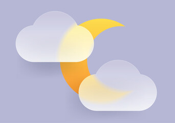 Half moon and two clouds glass morphism icon. Good night weather symbol